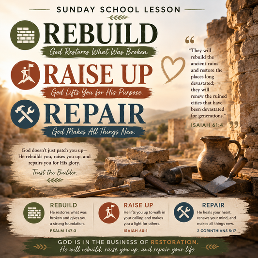 Rebuild, Raise Up and Restore Sunday School lesson inspired by Isaiah 58:12, representing rebuilding broken places, raising spiritual foundations, repairing breaches, healing, restoration, and renewed purpose.
