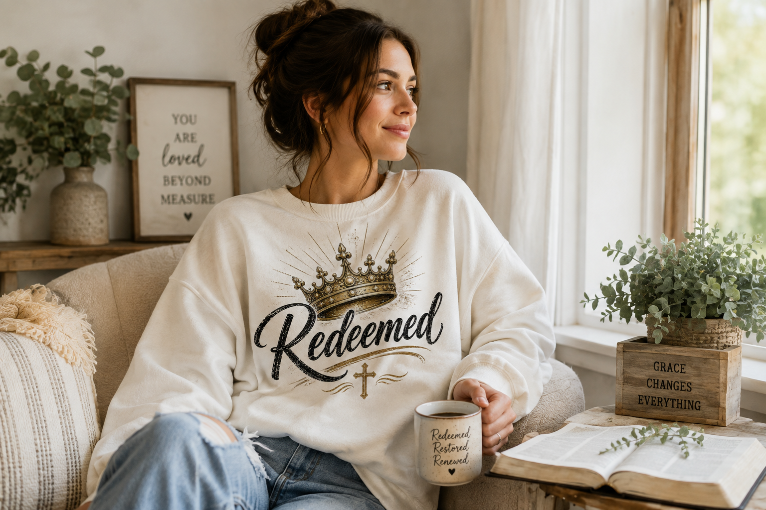 A woman sits on a couch in a bright living room, wearing a cream sweatshirt with a graphic that reads 'Redeemed' under a crown and holding a matching mug. The room has a warm, cozy aesthetic with plants, books, and natural light.