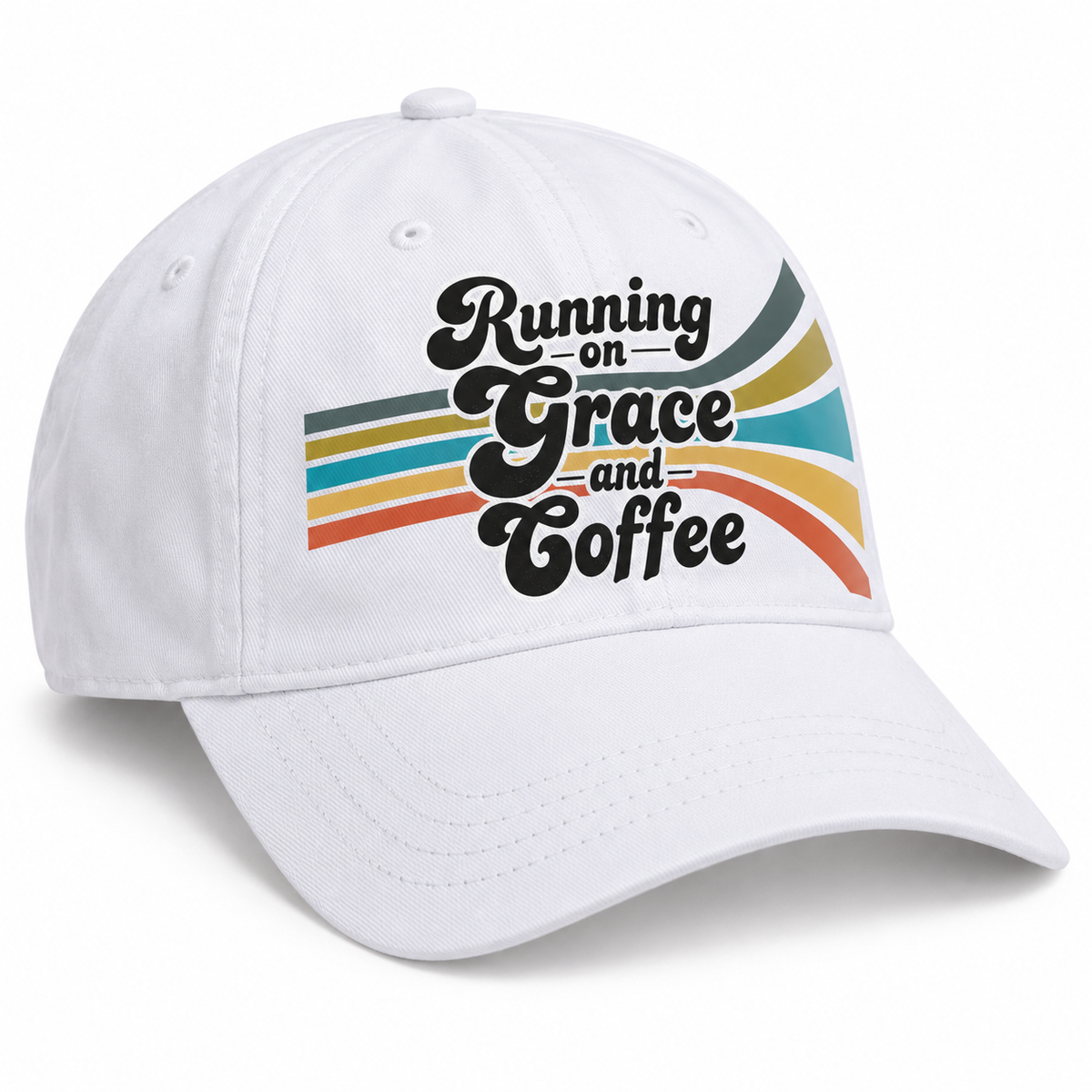 White baseball cap featuring black Running on Grace and Coffee lettering over curved green, mustard, teal, golden yellow, and burnt orange stripes.