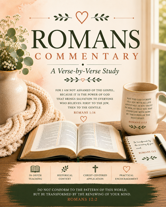 Romans Bible Commentary PDF featuring a verse-by-verse New Testament study of the Gospel, grace, justification by faith, righteousness, the Holy Spirit, salvation, and Christian living.
