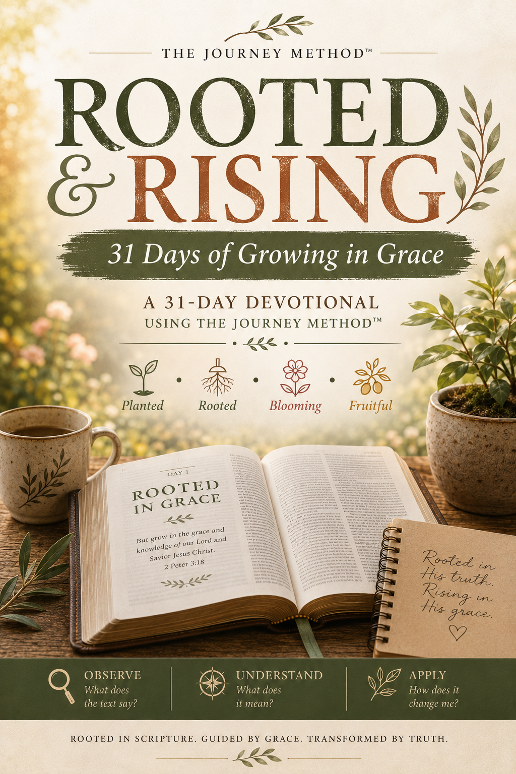 Front cover of the devotional book 'Rooted & Rising: 31 Days of Growing in Grace' by The Journey Method, shown with an open copy of the book, a notebook, a mug, and potted plants on a warm, softly lit background.