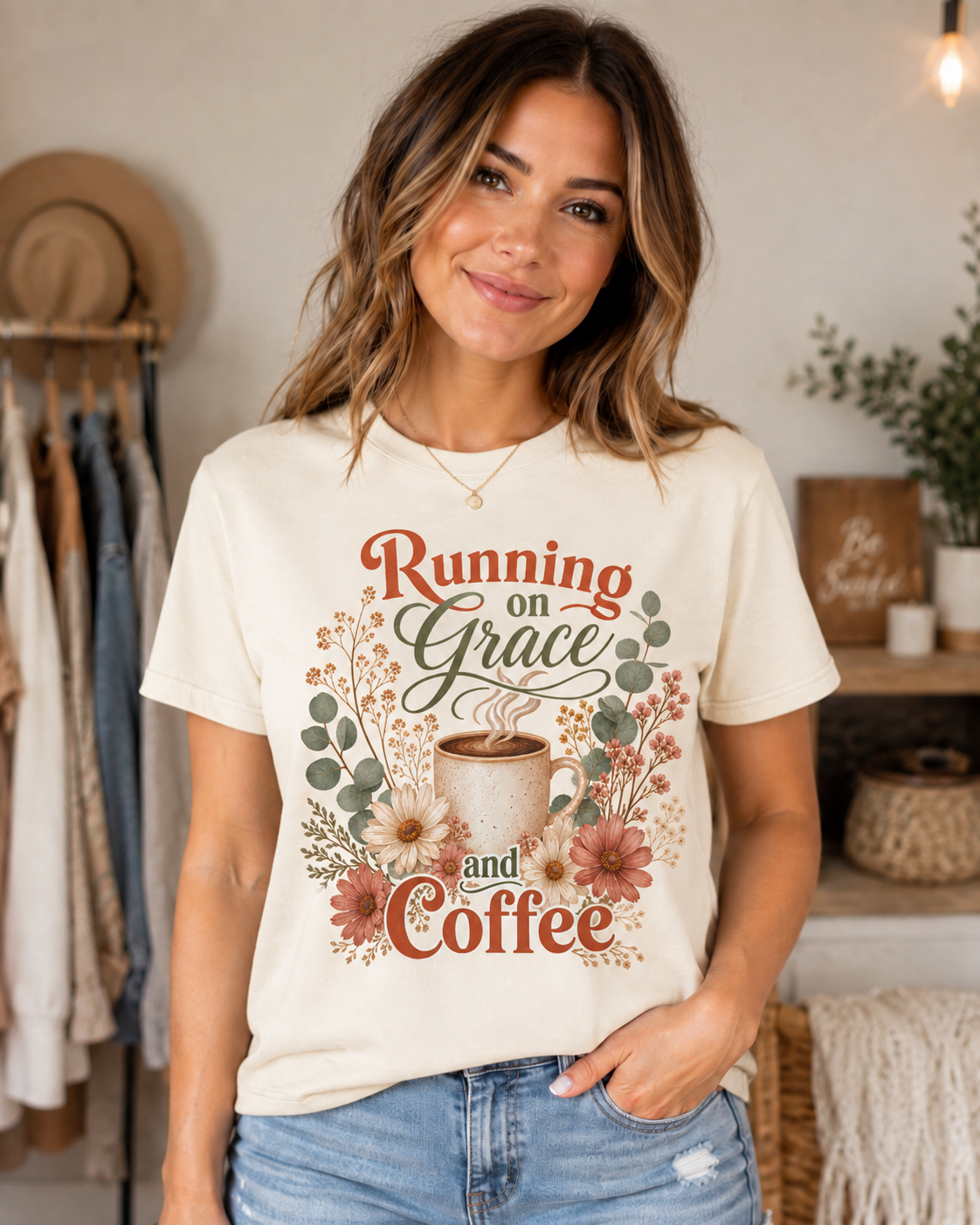 A woman wearing a cream-colored graphic t-shirt with the text 'Running on Grace and Coffee' and a coffee cup surrounded by flowers, paired with blue jeans in a cozy indoor setting.