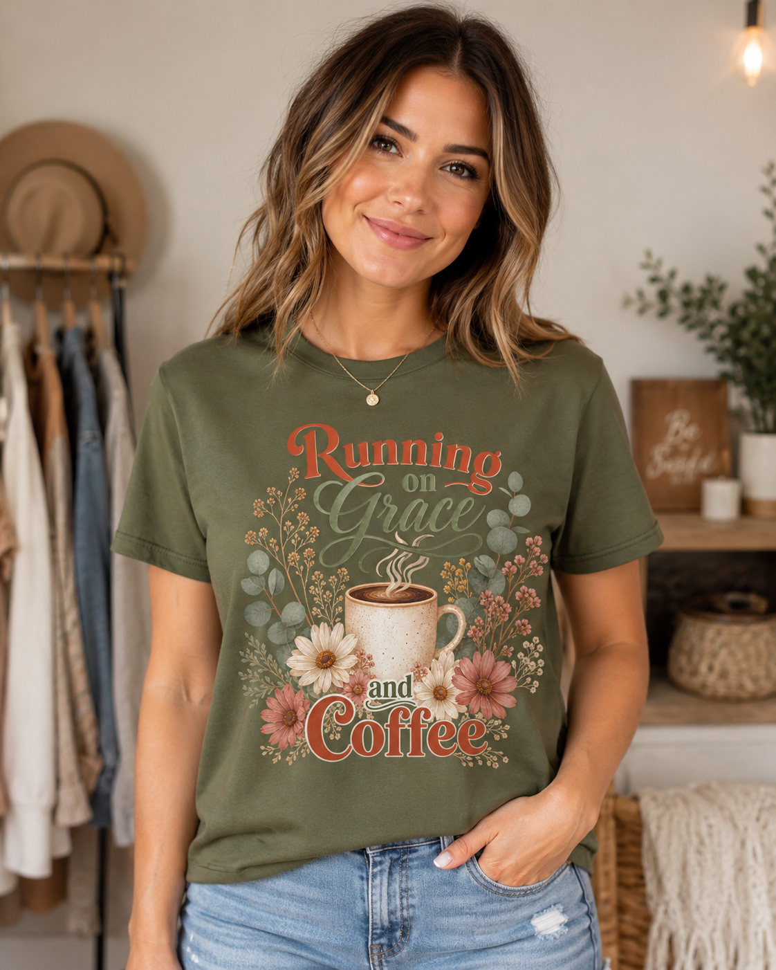 A woman wearing an olive green graphic t-shirt with the text 'Running or Grace and Coffee' and a coffee cup surrounded by flowers, paired with blue jeans in a cozy indoor setting.