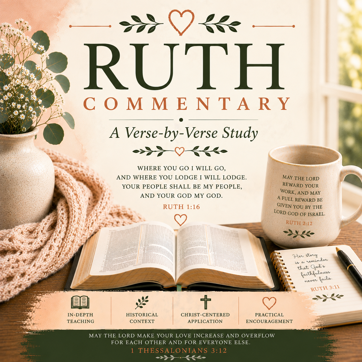 Ruth Bible Commentary PDF featuring a verse-by-verse Old Testament study of Ruth, Naomi, Boaz, grief, loyalty, providence, redemption, restoration, and faithful love.