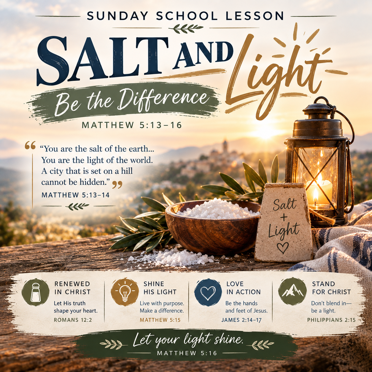 Salt and Light: Be the Difference Christian Sunday School lesson based on Matthew 5:13–16, teaching believers to be the salt of the earth and light of the world through faithful Christian living.