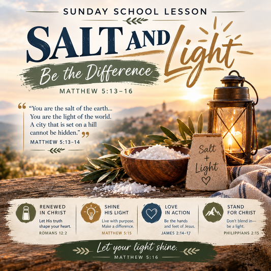Salt and Light: Be the Difference Christian Sunday School lesson based on Matthew 5:13–16, teaching believers to be the salt of the earth and light of the world through faithful Christian living.