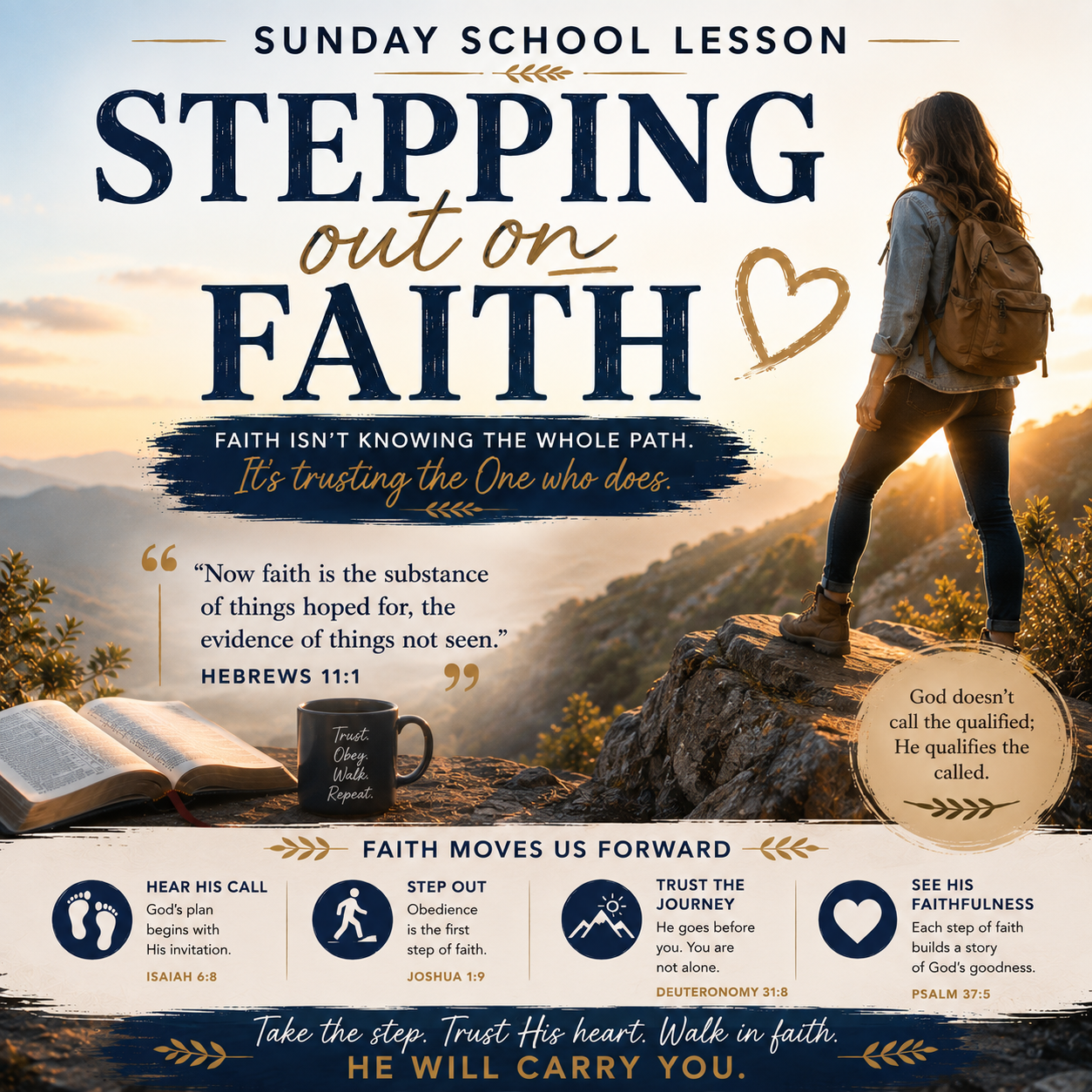 Stepping Out on Faith Christian Sunday School lesson inspired by Matthew 14:22–33 and Peter stepping out of the boat to walk toward Jesus on the water.
