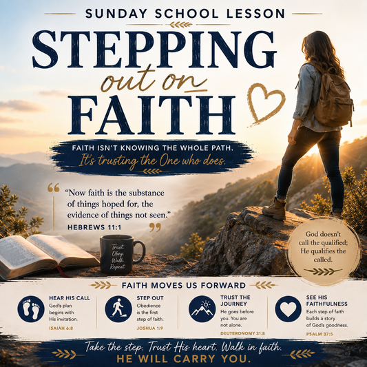 Stepping Out on Faith Christian Sunday School lesson inspired by Matthew 14:22–33 and Peter stepping out of the boat to walk toward Jesus on the water.