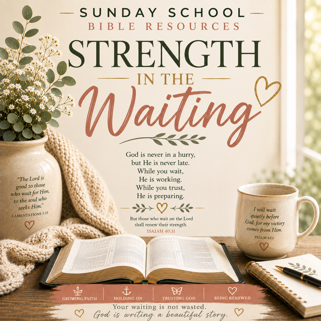 Strength in the Waiting Sunday School Bible lesson PDF exploring trusting God’s timing, perseverance, renewed strength, spiritual preparation, and faith during seasons of waiting.