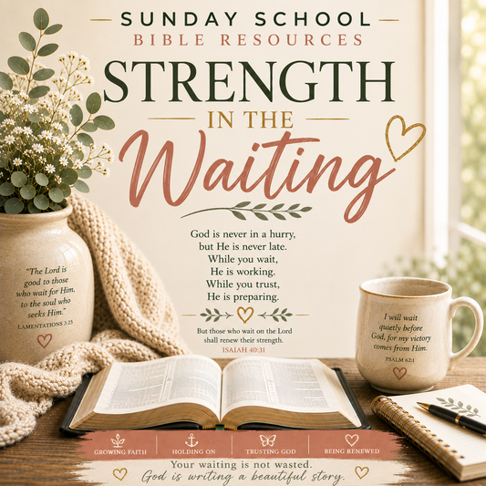 Strength in the Waiting Sunday School Bible lesson PDF exploring trusting God’s timing, perseverance, renewed strength, spiritual preparation, and faith during seasons of waiting.