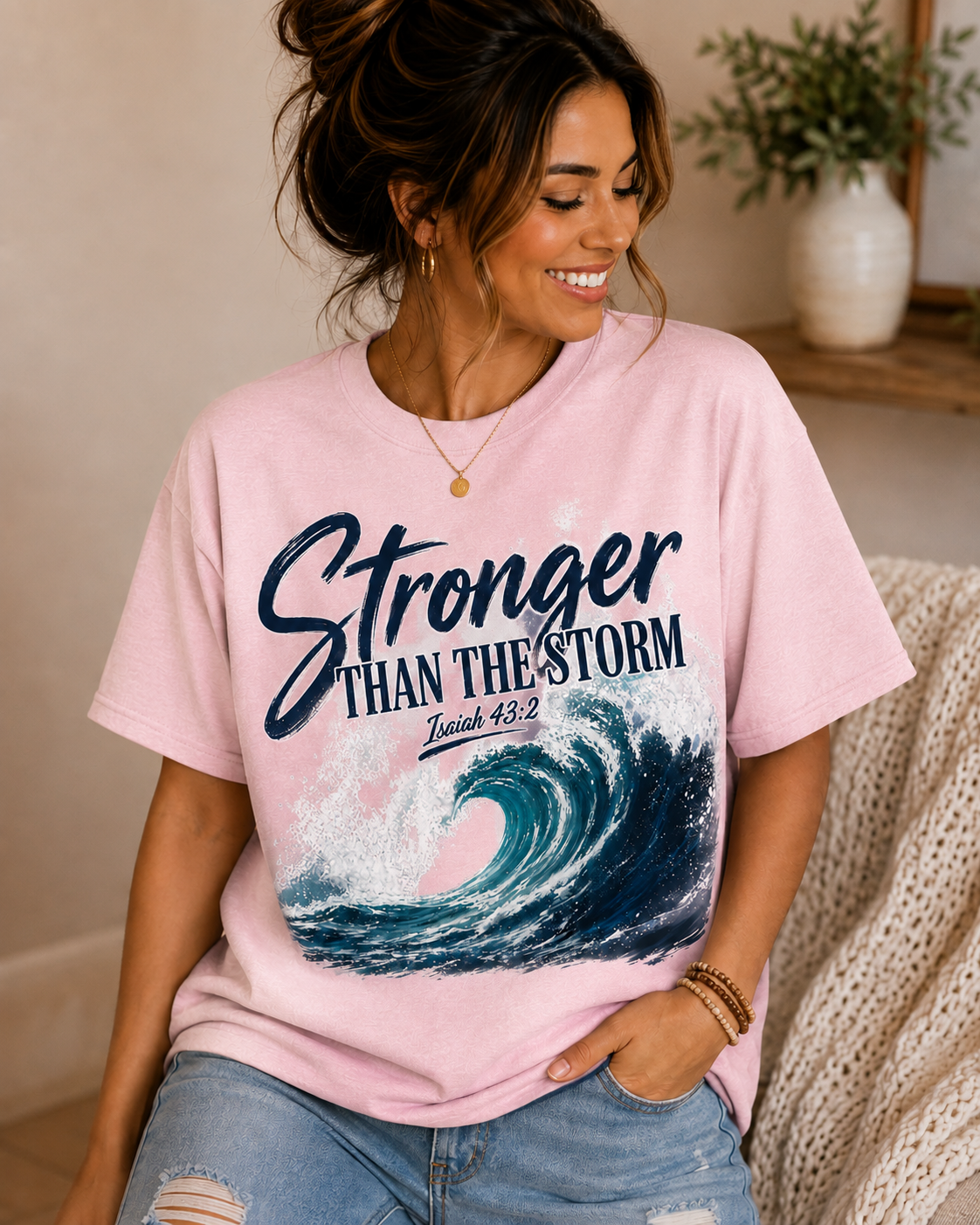 A woman wearing a light pink graphic t-shirt with the text 'Stronger THAN THE STORM' and a wave design, paired with distressed blue jeans in a cozy indoor setting.