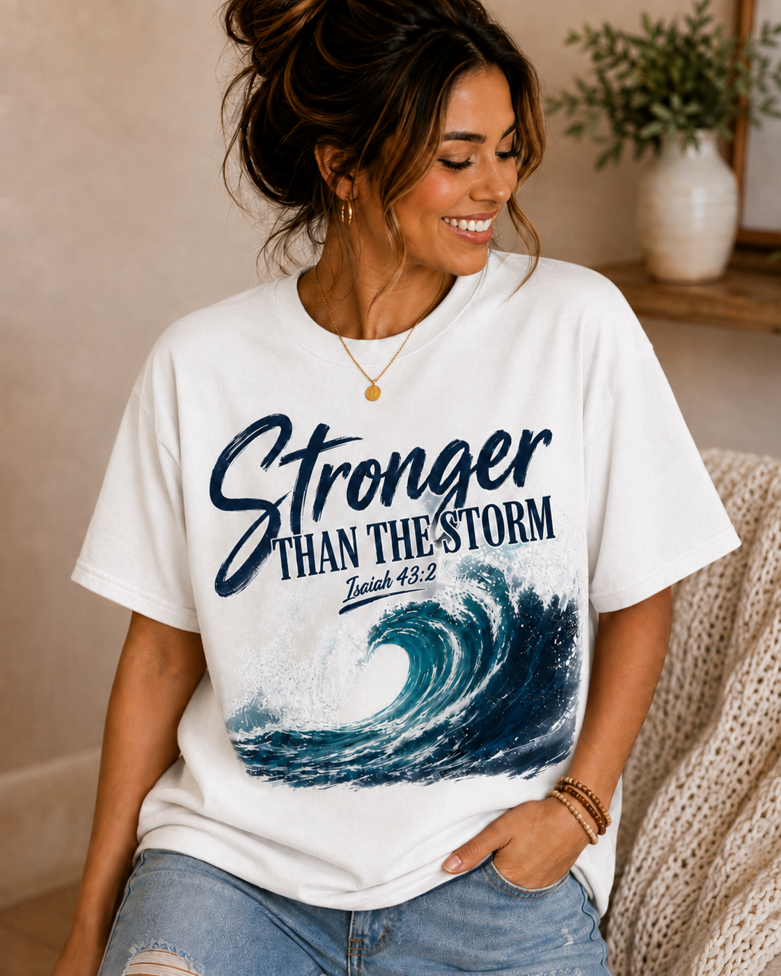 A woman wearing a white graphic t-shirt with the text 'Stronger THAN THE STORM' and a wave design, paired with light blue jeans in a cozy indoor setting.