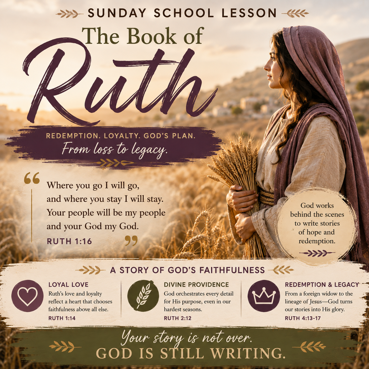 The Book of Ruth Sunday School lesson representing Ruth, Naomi and Boaz with themes of faithfulness, God’s providence, the kinsman-redeemer, redemption, grief, and restoration.
