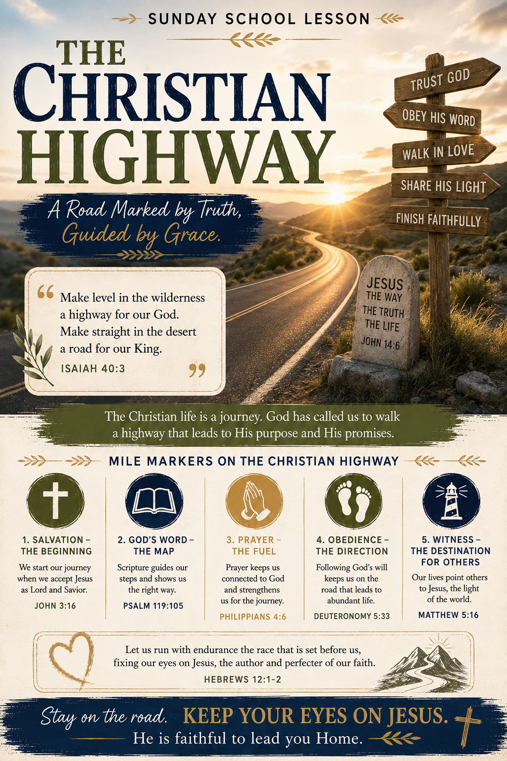 The Christian Highway Sunday School lesson featuring a road or pathway representing the narrow way, following Jesus, spiritual direction, perseverance, and the Christian journey.
