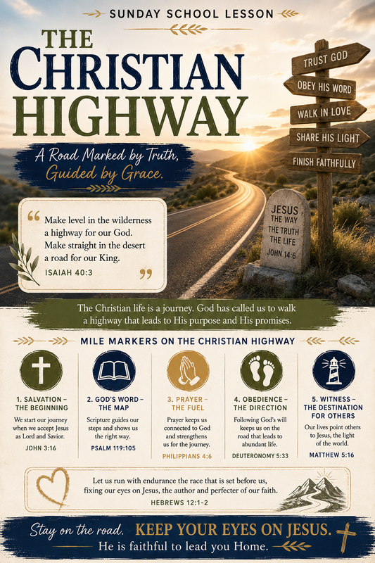The Christian Highway Sunday School lesson featuring a road or pathway representing the narrow way, following Jesus, spiritual direction, perseverance, and the Christian journey.