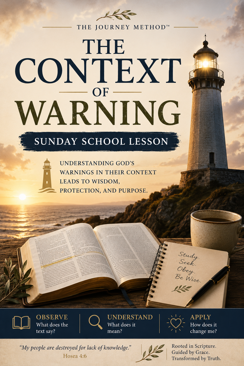 Book cover for 'The Context of Warning: Sunday School Lesson' from The Journey Method, featuring a lighthouse by the sea at sunset with an open Bible, a coffee cup, and a notebook in the foreground.