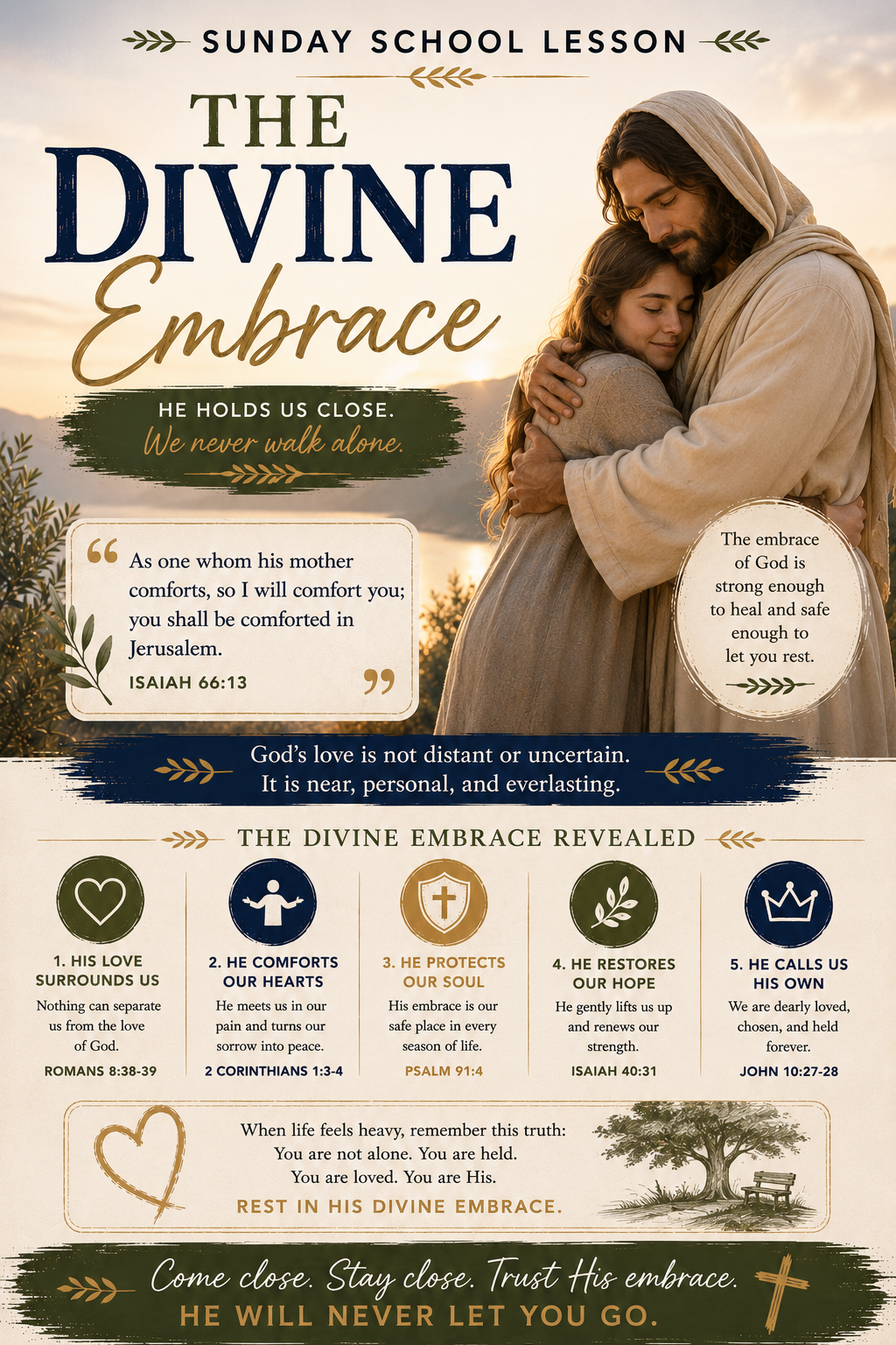 The Divine Embrace Sunday School lesson representing God’s love, nearness, comfort, belonging, healing, acceptance, and the security of being held in His presence.