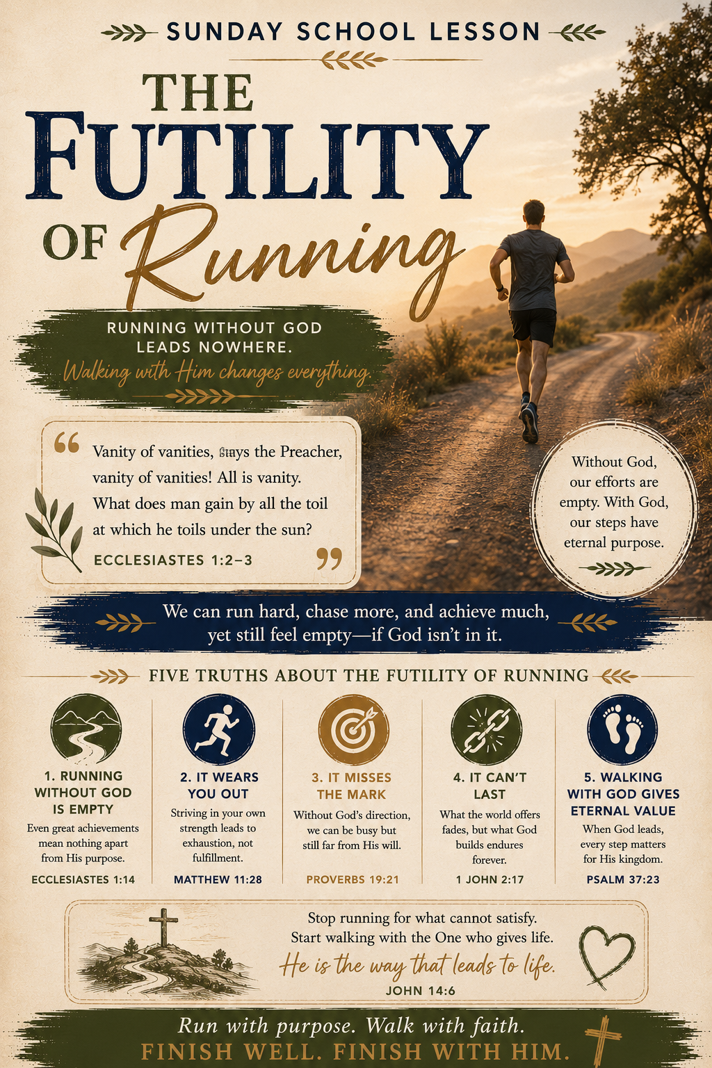 The Futility of Running Sunday School lesson based on Jonah, representing running from God, obedience, surrender, consequences, second chances, mercy, and God’s pursuing grace.