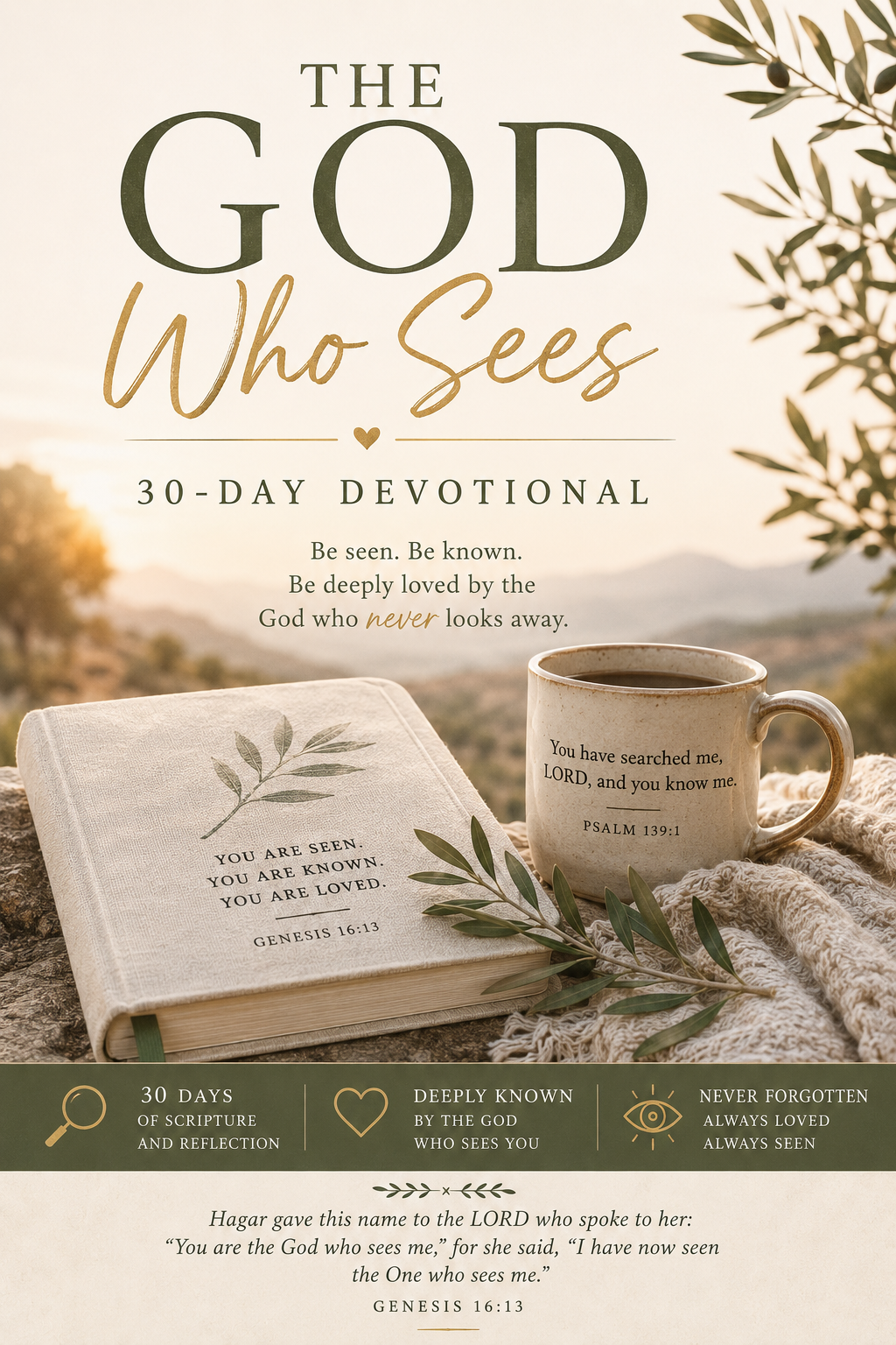 The God Who Sees 30-Day Devotional book cover, featuring a Bible and a coffee mug with scripture quotes on a cozy background with a sunrise and olive branches.