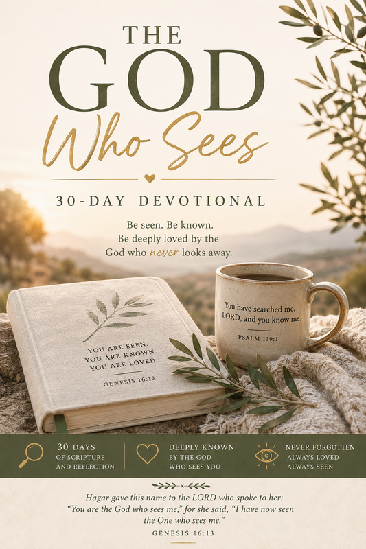 The God Who Sees 30-Day Devotional book cover, featuring a Bible and a coffee mug with scripture quotes on a cozy background with a sunrise and olive branches.