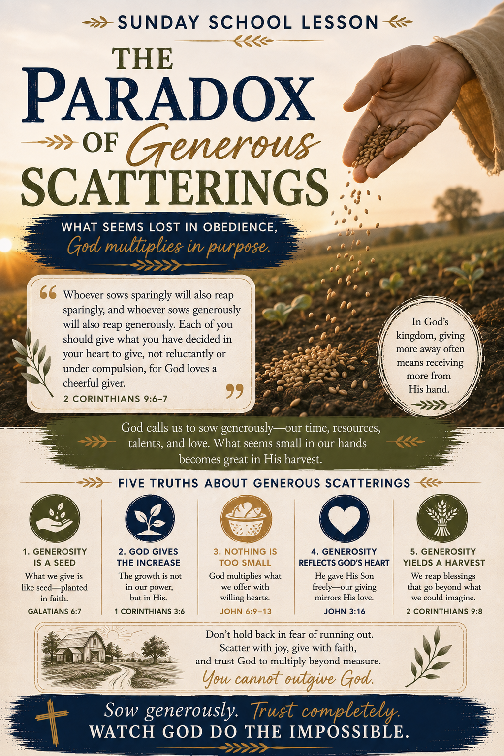 The Paradox of Generous Scattering Sunday School lesson inspired by Proverbs 11:24–25, representing biblical generosity, stewardship, open-handed living, sowing, giving, and trusting God with the harvest.
