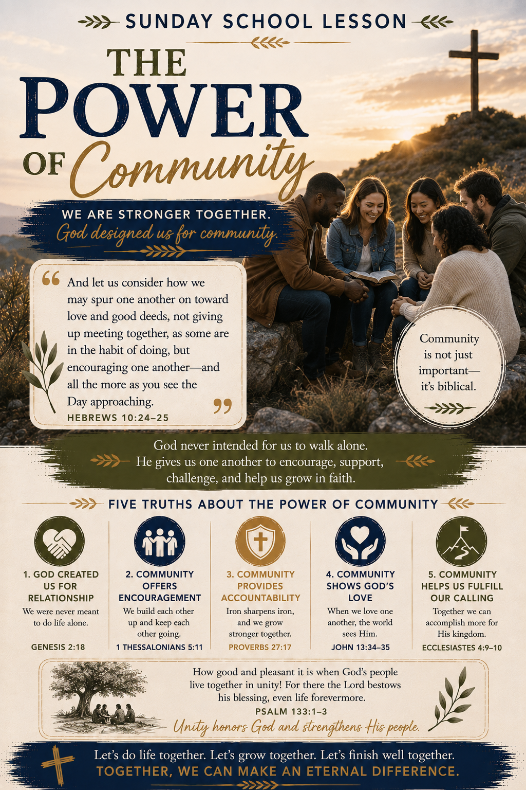 The Power of Community Sunday School lesson representing Christian fellowship, encouragement, accountability, bearing one another’s burdens, spiritual growth, and believers walking together in faith.