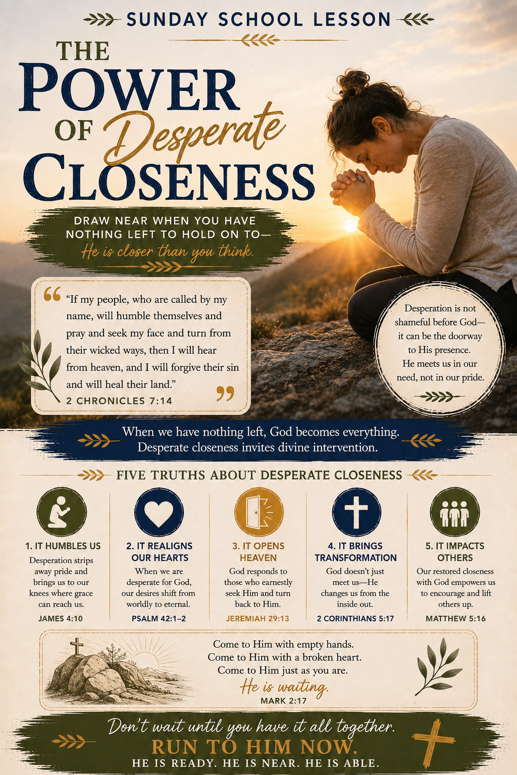 The Power of Desperate Closeness Sunday School lesson inspired by the woman with the issue of blood in Mark 5, representing desperate faith, healing, persistence, identity, and drawing near to Jesus.