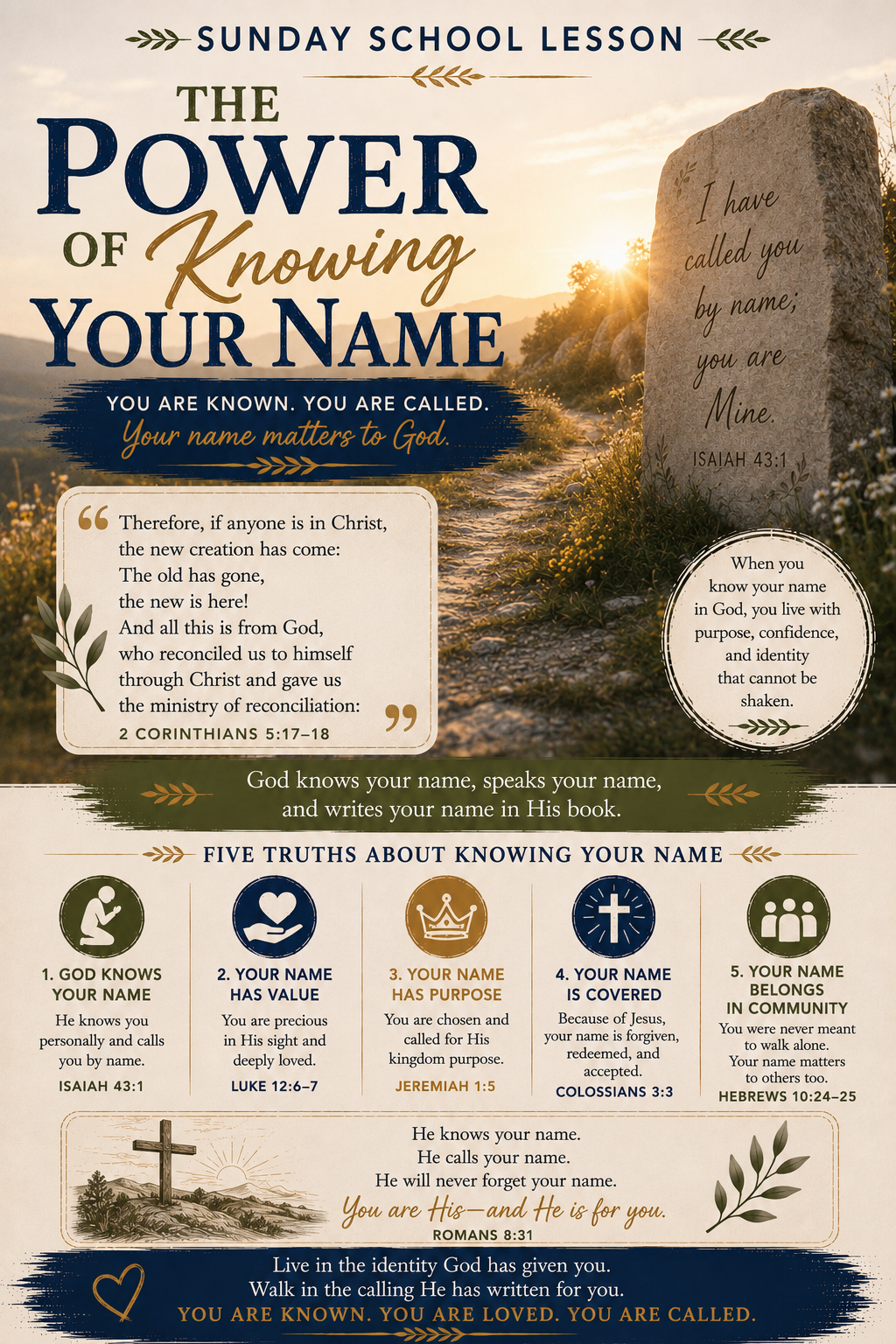 The Power of Knowing Your Name Sunday School lesson inspired by Isaiah 43:1, exploring identity in Christ, biblical names, belonging, false labels, redemption, and knowing who God says you are.