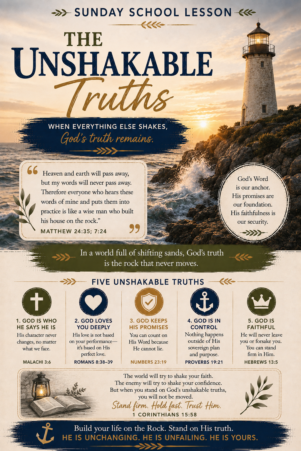 Sunday School Lesson poster titled 'The Unshakable Truths' with a beach sunset background, lighthouse illustration, and five illustrated truths about God's faithfulness and love, including icons for God, love, keeping, control, and faithfulness.