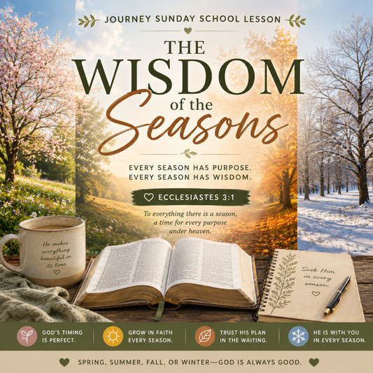 Journey Sunday School Lesson cover for 'The Wisdom of the Seasons' featuring a central title card with scripture text, surrounded by a serene autumn and winter landscape scene with a mug, open Bible, notebook, and pen on a wooden surface.