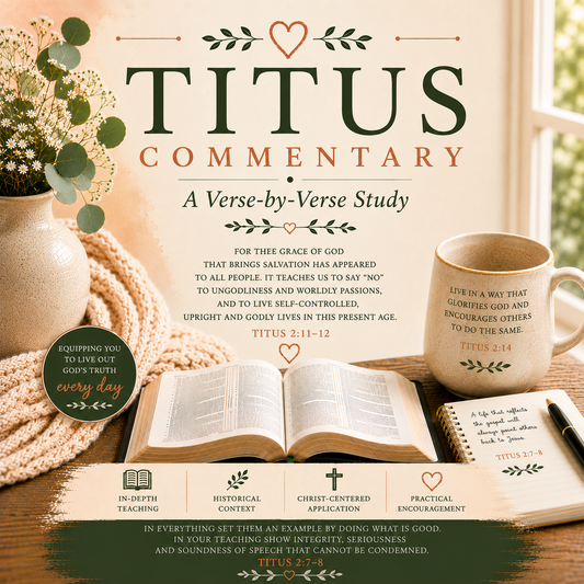 Promotional graphic for 'Titus Commentary: A Verse-by-Verse Study', featuring a cozy styled desk setup with a cream mug, notebook, and pen on a wooden surface, alongside a knitted blanket and flowers in a vase. The title is displayed prominently at the top.
