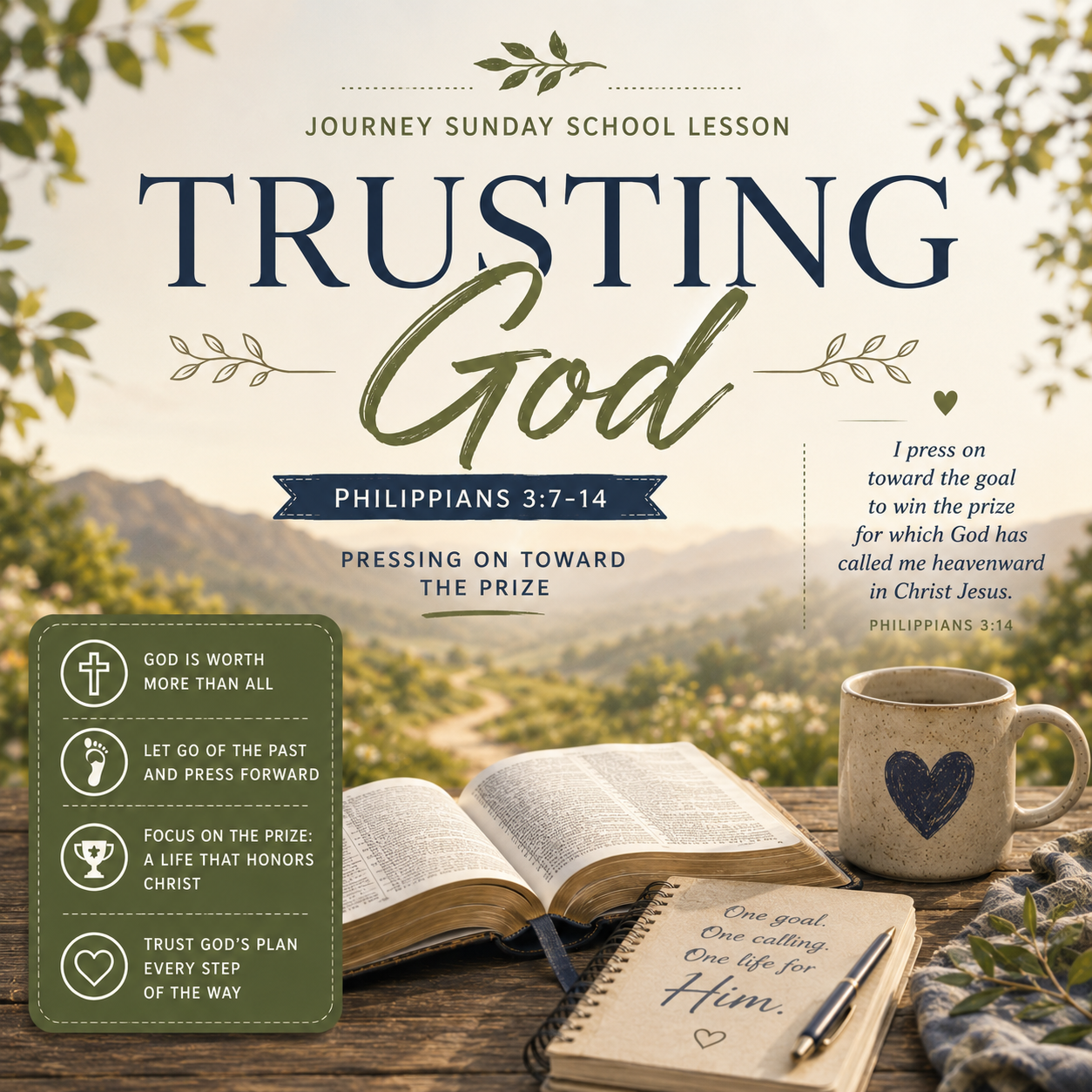 Trusting God Christian Sunday School lesson featuring an open Bible and peaceful pathway representing faith, surrender, God’s timing, and trusting Him through uncertainty.