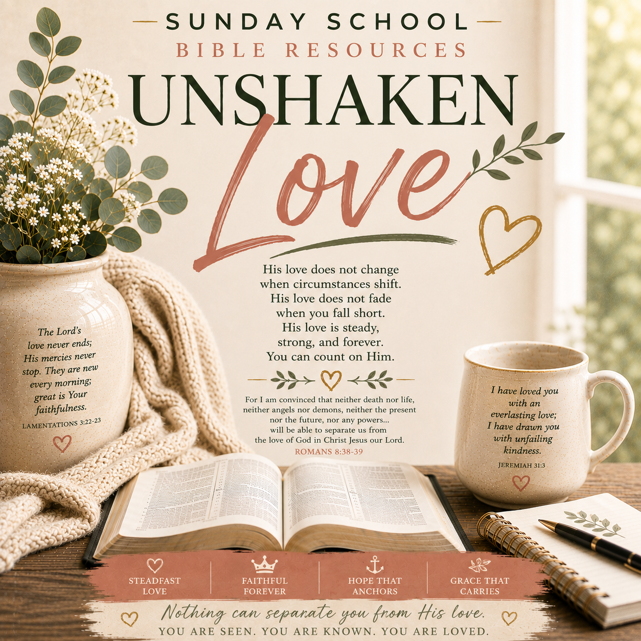 Unshaken Love Sunday School Bible lesson PDF based on Romans 8:31–39, exploring God’s unfailing love, security in Christ, grace, belonging, and faith through difficult seasons.