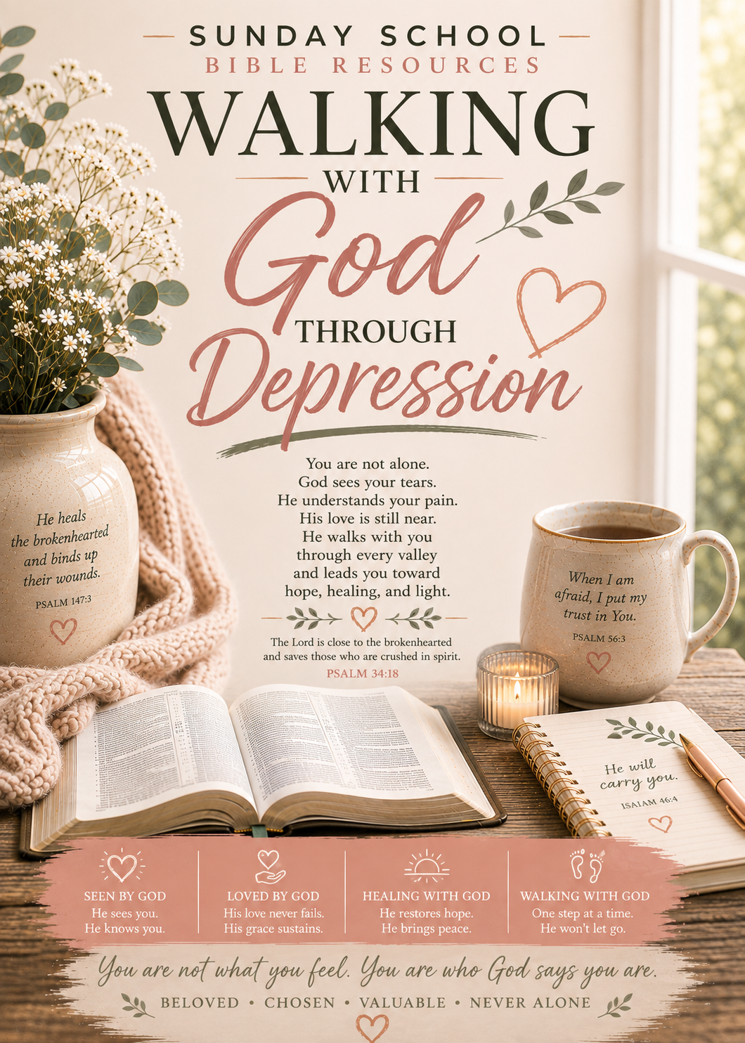Walking with God Through Depression Sunday School Bible lesson PDF offering Scripture-centered encouragement, biblical hope, spiritual support, and practical guidance for difficult emotional seasons.