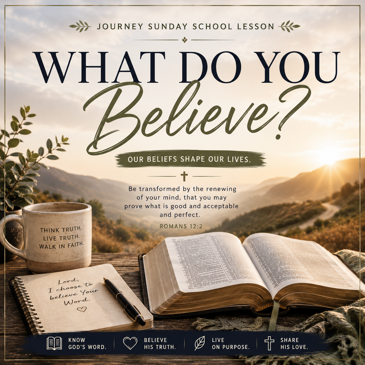 Journey Sunday School Lesson cover for 'What Do You Believe?' featuring a scenic mountain sunrise background, a coffee mug with 'THINK TRUTH. LIVE TRUTH.