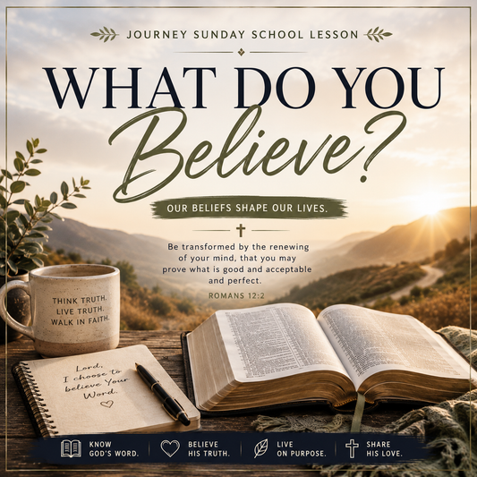 Journey Sunday School Lesson cover for 'What Do You Believe?' featuring a scenic mountain sunrise background, a coffee mug with 'THINK TRUTH. LIVE TRUTH.