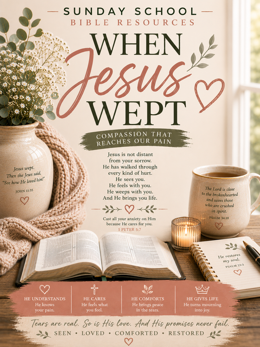 When Jesus Wept Sunday School Bible lesson PDF based on John 11 and Lazarus, exploring grief, loss, the compassion of Jesus, faith, and resurrection hope.