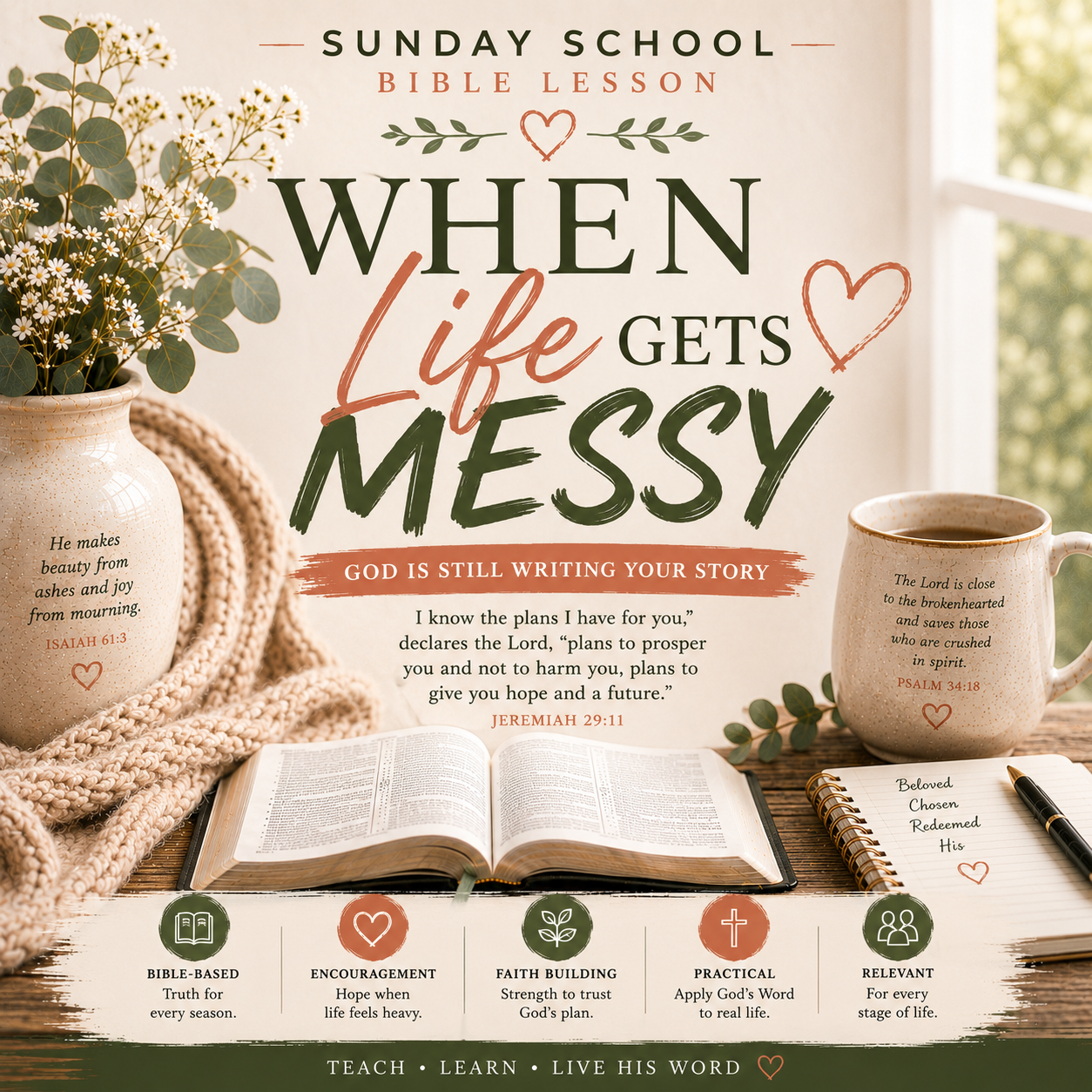 Sunday School Bible Lesson cover titled 'When Life Gets Messy' displayed on a styled desktop scene with an open Bible, mug, notebook, pen, flowers, and a cozy blanket. The design includes scripture verses and icons along the bottom describing lesson qualities.
