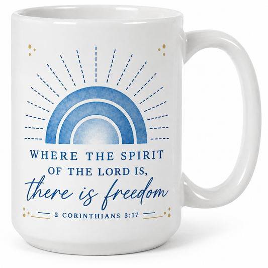 christian mug, 15 oz mug, scripture mug, where the spirit of the lord is, there is freedom, 2 corinthians 3 17, blue rainbow mug, white ceramic mug, faith drinkware, christian gifts, your journey of healing