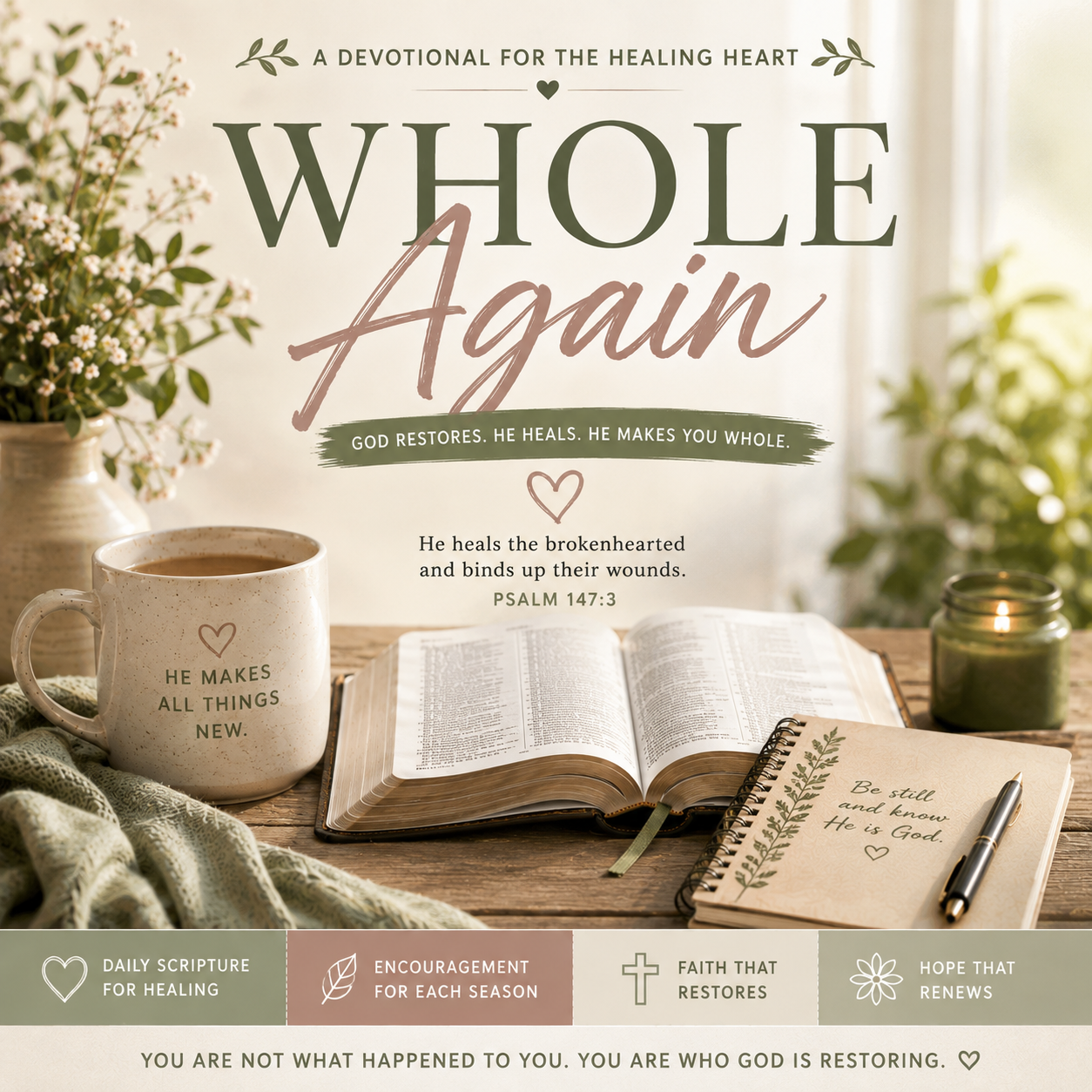 Whole Again Christian devotional PDF for biblical healing, emotional restoration, identity in Christ, spiritual growth, hope, and finding wholeness in God.