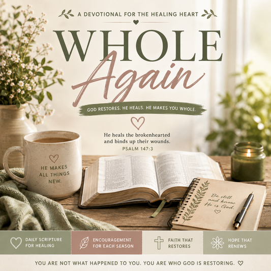 Whole Again Christian devotional PDF for biblical healing, emotional restoration, identity in Christ, spiritual growth, hope, and finding wholeness in God.