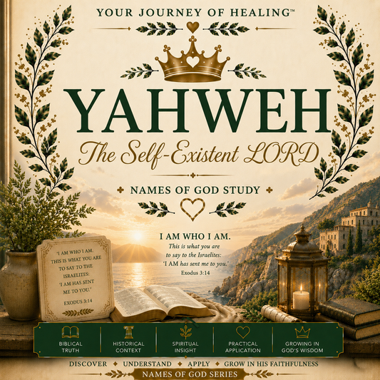 A square book cover design for a Bible study or devotional titled 'YAHWEH The Self-Existent LORD' with the subtitle 'Names of God Study.' The cover has a parchment-style background, large dark green title text, a gold crown at the top, leafy borders, and a scenic mountain landscape with an open Bible, candle, and stone plaque near the bottom.