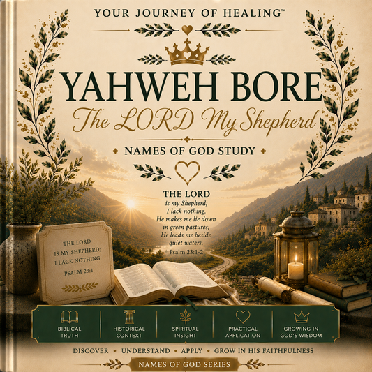 A book cover for 'Yahweh Bore: The Lord My Shepherd - Names of God Study' featuring a warm sepia-toned mountain landscape with an open Bible, candle, and rolled parchment, framed by decorative laurel branches and a crown. The title is displayed prominently in large serif and script fonts.