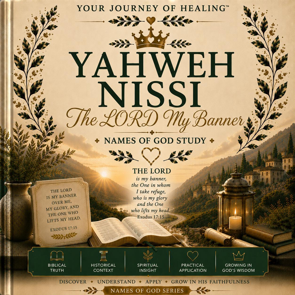 The front cover of the 'Yahweh Nissi: The LORD My Banner - Names of God Study' book, featuring a sepia-toned background with a mountain landscape at sunset, an open Bible, a scroll, and a candle, framed by decorative olive branches and a crown.
