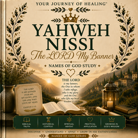 The front cover of the 'Yahweh Nissi: The LORD My Banner - Names of God Study' book, featuring a sepia-toned background with a mountain landscape at sunset, an open Bible, a scroll, and a candle, framed by decorative olive branches and a crown.