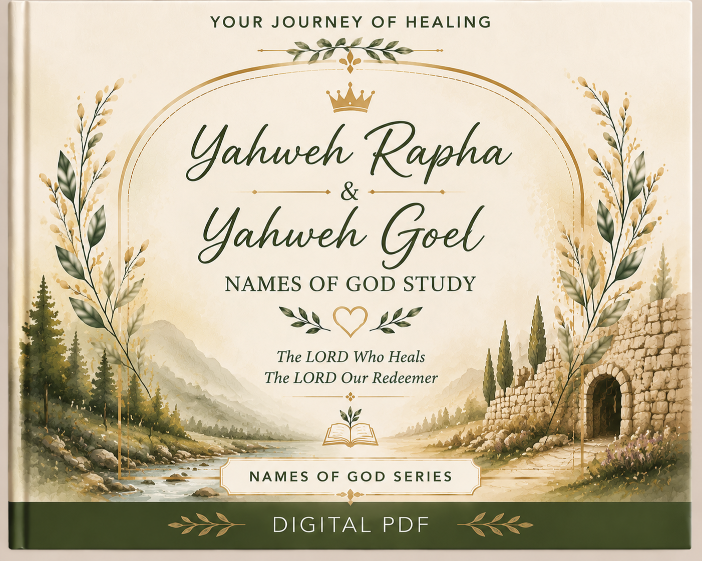 Yahweh Rapha & Yahweh Goel Names of God Bible Study printable PDF by Your Journey of Healing featuring a combined study of "The LORD Who Heals" and "The LORD Our Redeemer" with elegant botanical artwork, scenic biblical landscapes, and the Names of God Series branding.