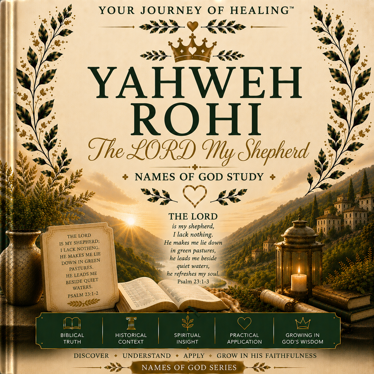 A square book cover design for 'Yahweh Rohi: The Lord My Shepherd' from the 'Names of God Series'. The cover features a warm beige parchment background with a golden sun setting over a scenic mountain landscape.