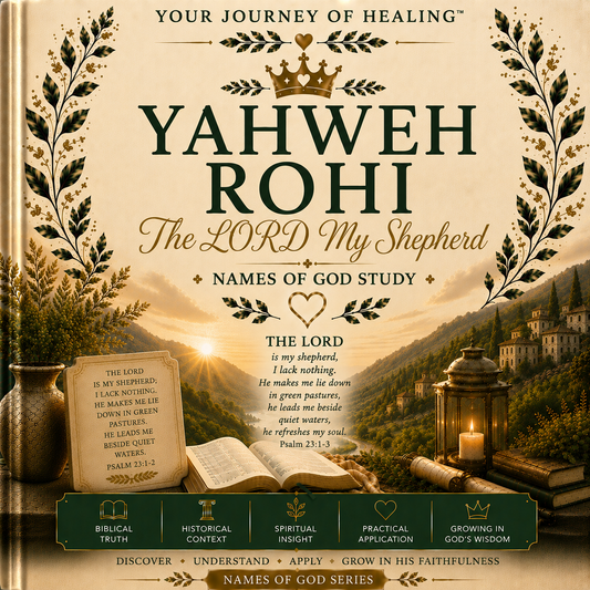 A square book cover design for 'Yahweh Rohi: The Lord My Shepherd' from the 'Names of God Series'. The cover features a warm beige parchment background with a golden sun setting over a scenic mountain landscape.
