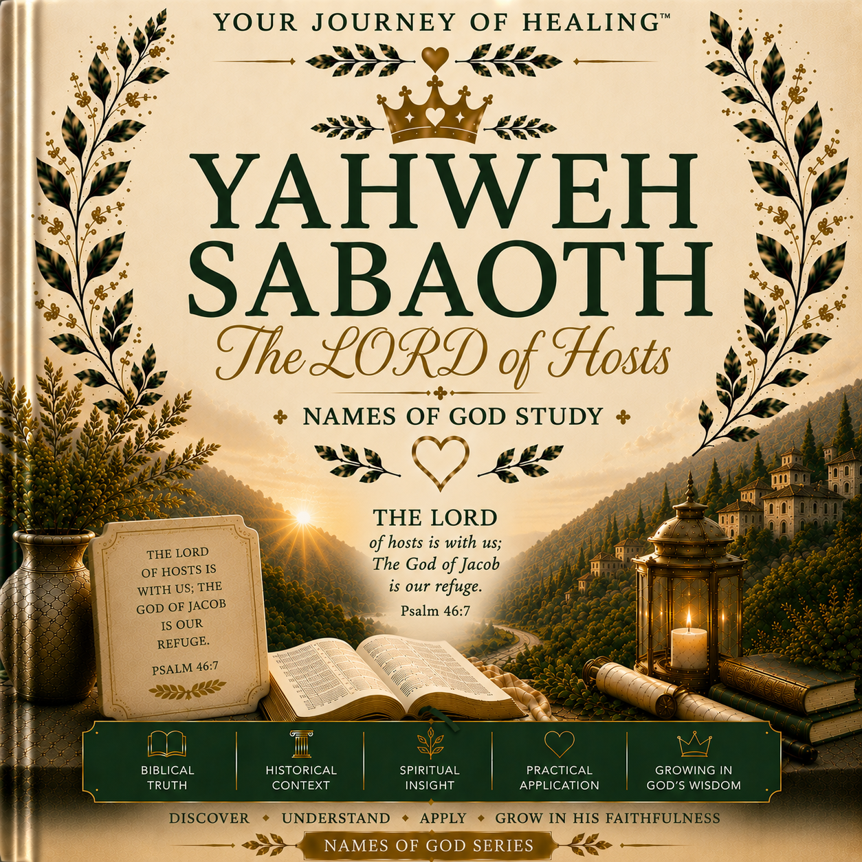 Front cover of the book 'Yahweh Sabaoth: The Lord of Hosts - Names of God Study' from the 'Your Journey of Healing' series. The cover features a warm beige background with dark green and gold typography, decorated with leafy borders, a crown, and a scenic mountain landscape with a castle at sunset.