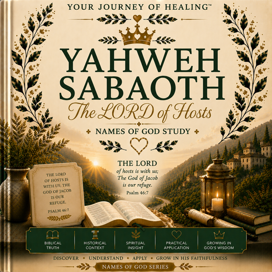 Front cover of the book 'Yahweh Sabaoth: The Lord of Hosts - Names of God Study' from the 'Your Journey of Healing' series. The cover features a warm beige background with dark green and gold typography, decorated with leafy borders, a crown, and a scenic mountain landscape with a castle at sunset.